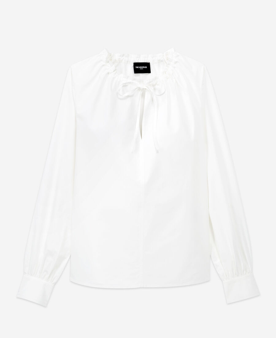 The Kooples F WHITE white cotton top with pleated tie-drop neck