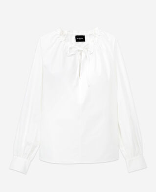 The Kooples F WHITE white cotton top with pleated tie-drop neck