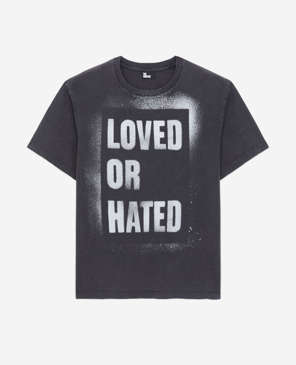 women's black t-shirt with loved or hated serigraphy