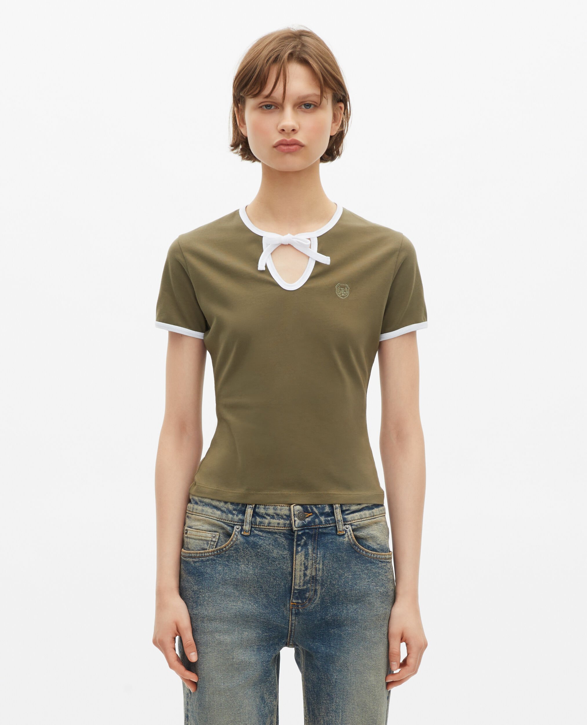 Khaki T-shirt with drop collar, KAKI, hi-res image number null