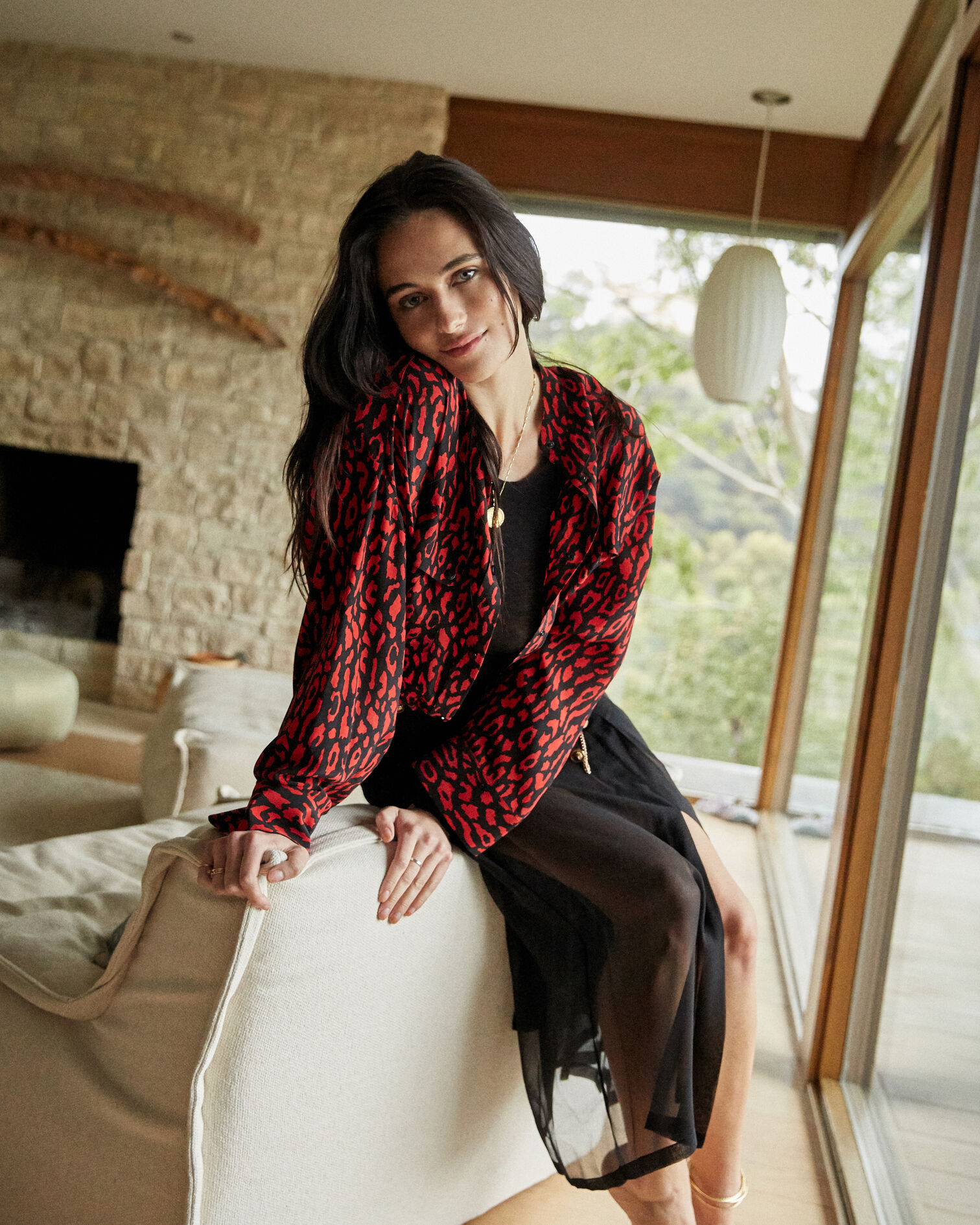 Oversized silk shirt with red leopard print, BLACK - RED, hi-res image number null