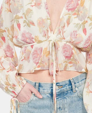 The Kooples FEMME BEIGE / RED top imprim&eacute; fleuri en soie avec volants