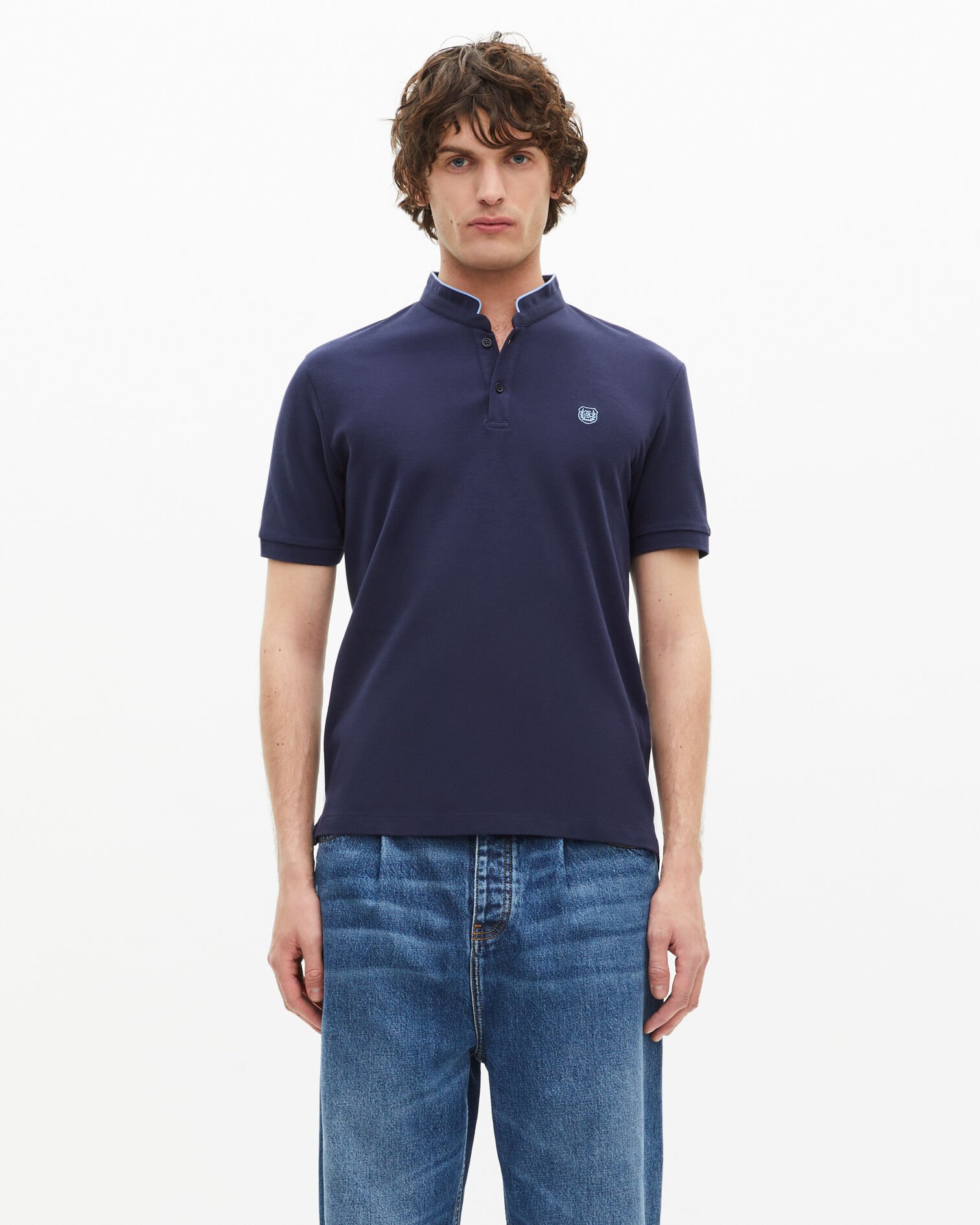 Navy blue pique cotton polo t-shirt, NAVY/ PIPING NAVY, hi-res image number null