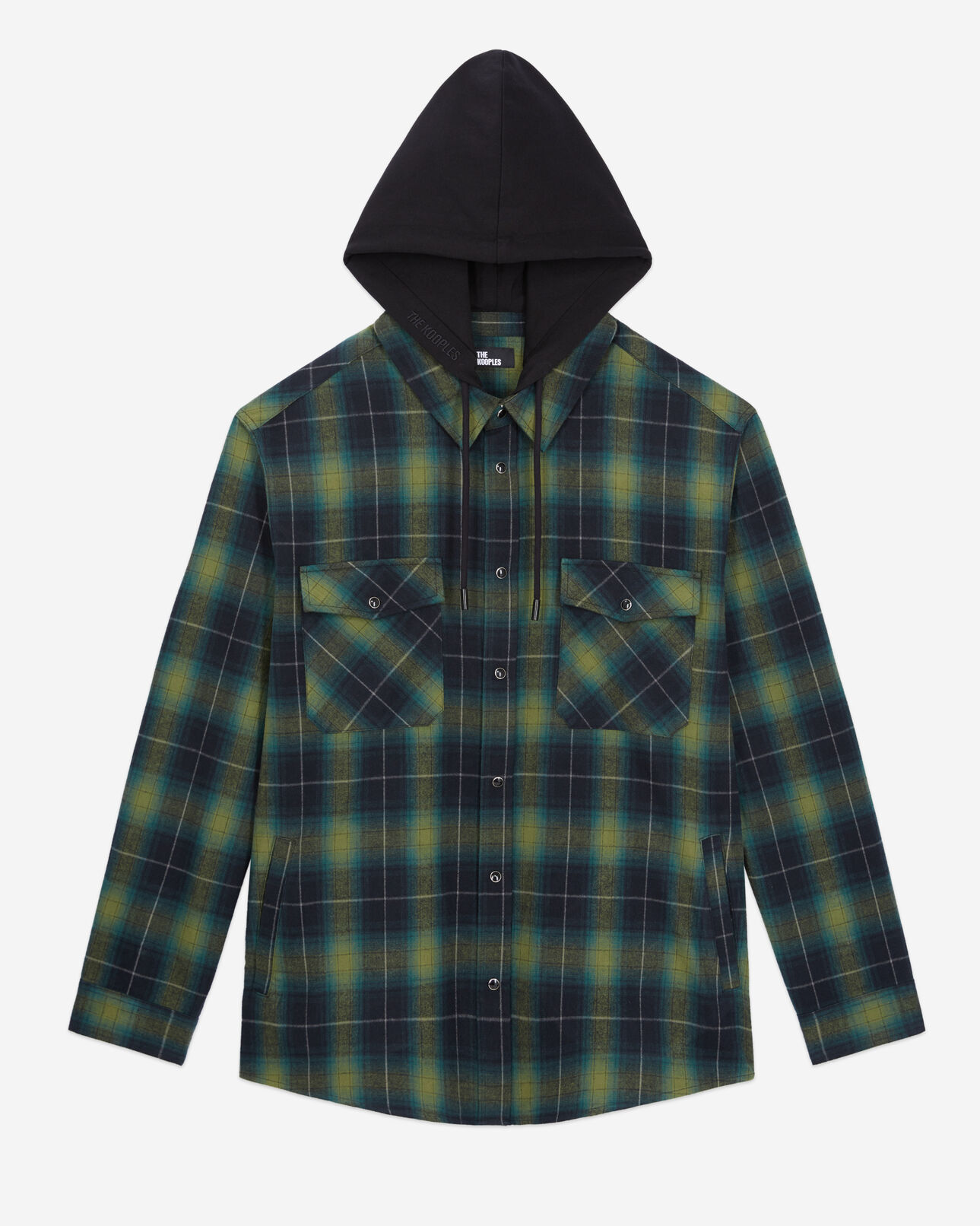 The Kooples HERREN BLACK / GREEN schwarz-grün kariertes jackenhemd mit kapuze