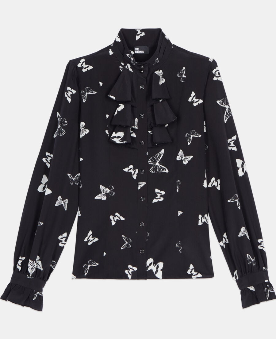 The Kooples FEMME BLACK WHITE chemise en soie imprimée papillons