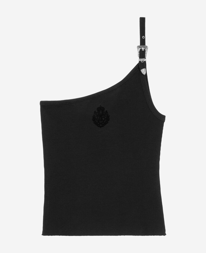 The Kooples WOMEN BLACK asymmetric black ribbed tank top