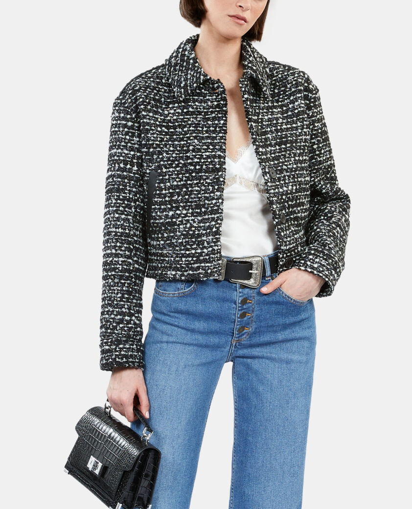 The Kooples FEMME BLACK WHITE blouson en tweed noir et blanc