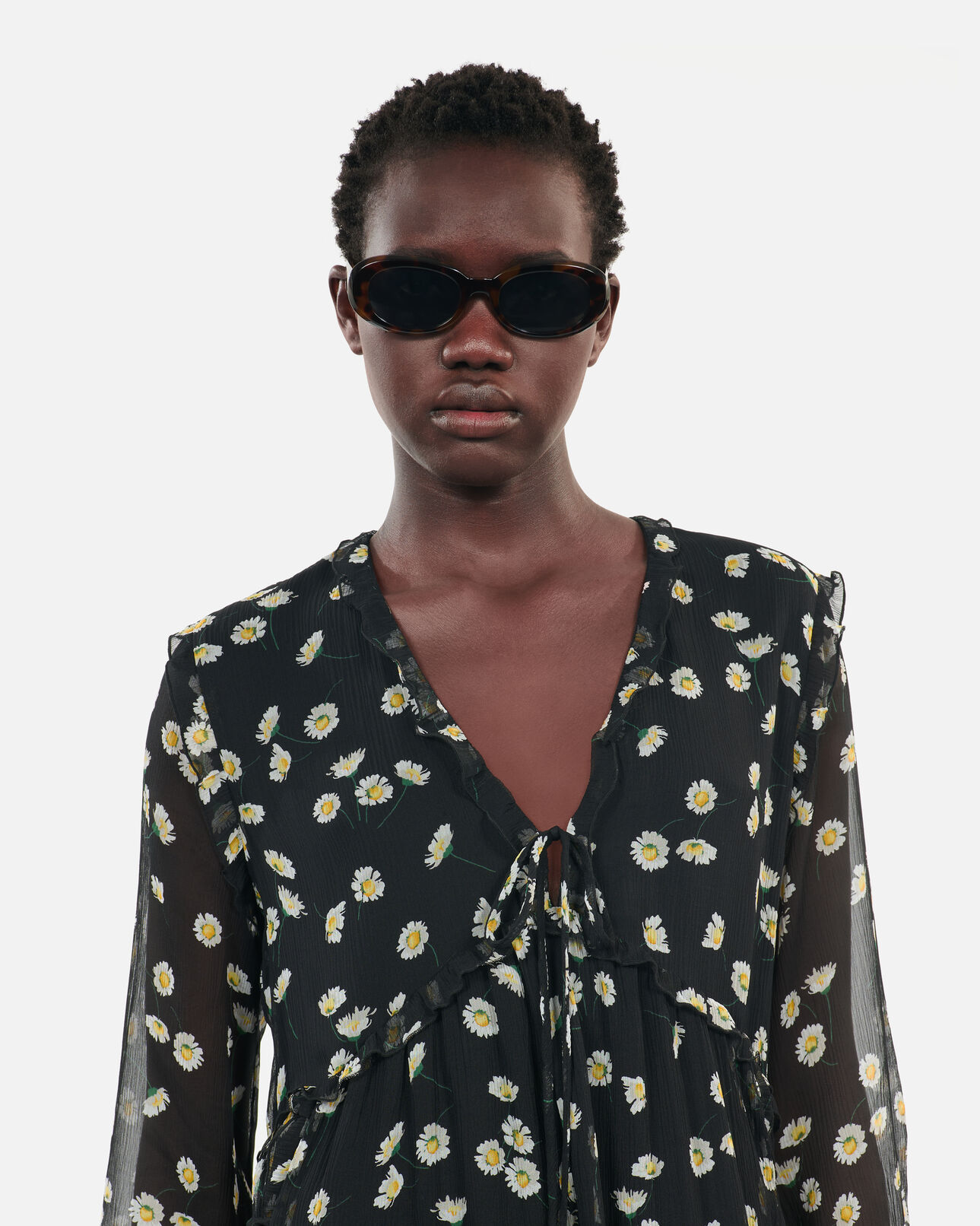 The Kooples WOMEN BLACK WHITE floral printed silk short dress