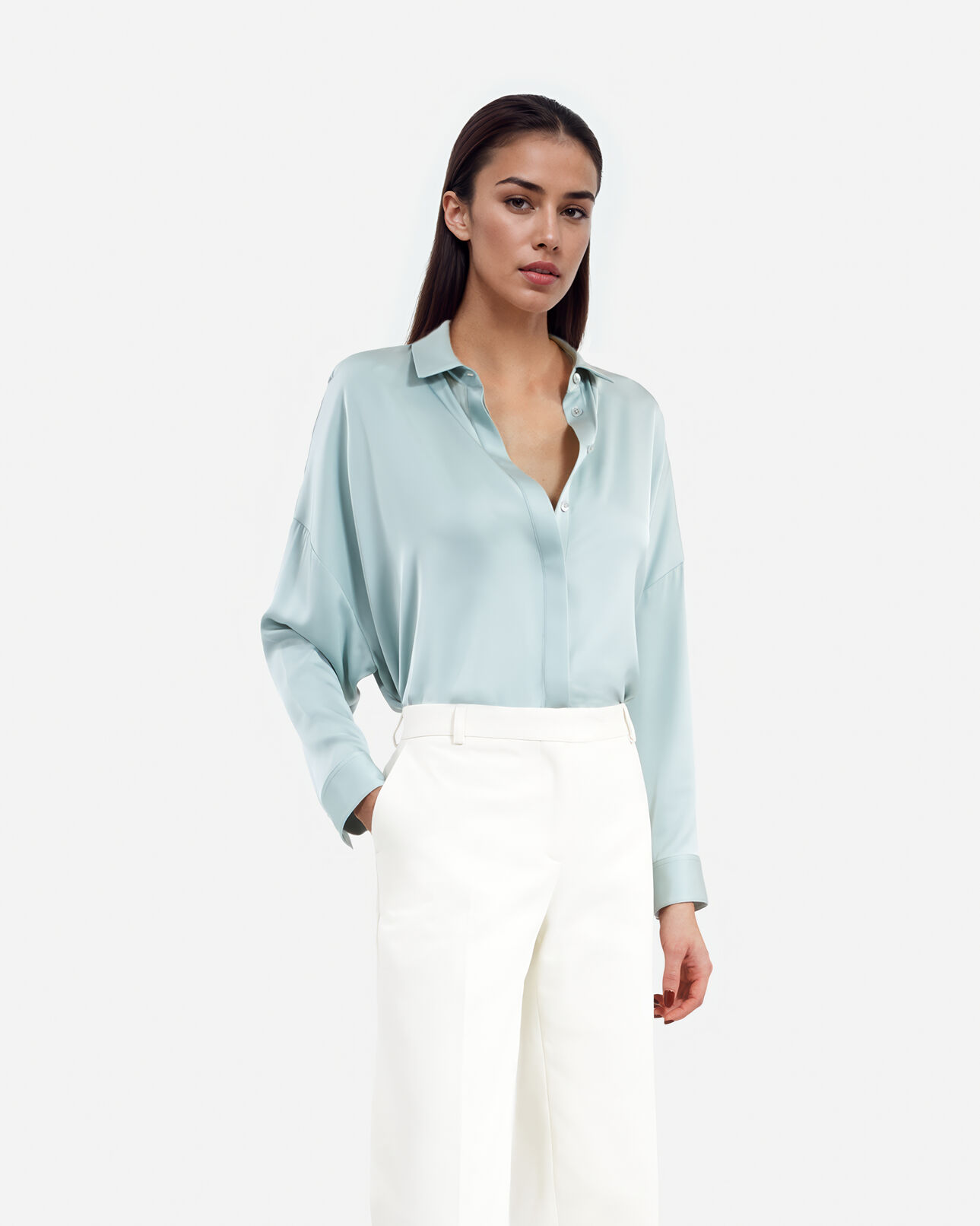 The Kooples FEMME BLUE/GREEN chemise ample en soie bleu clair