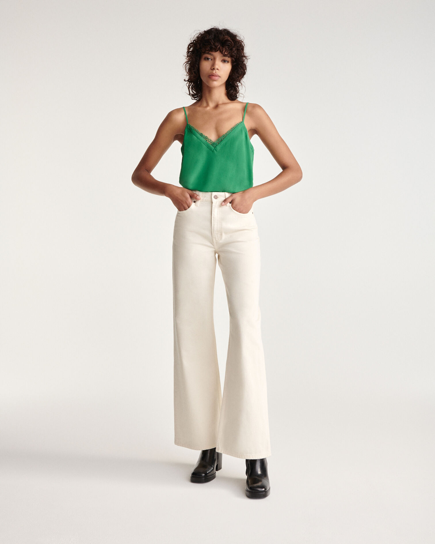 Green silk camisole with lace, GREEN, hi-res image number null