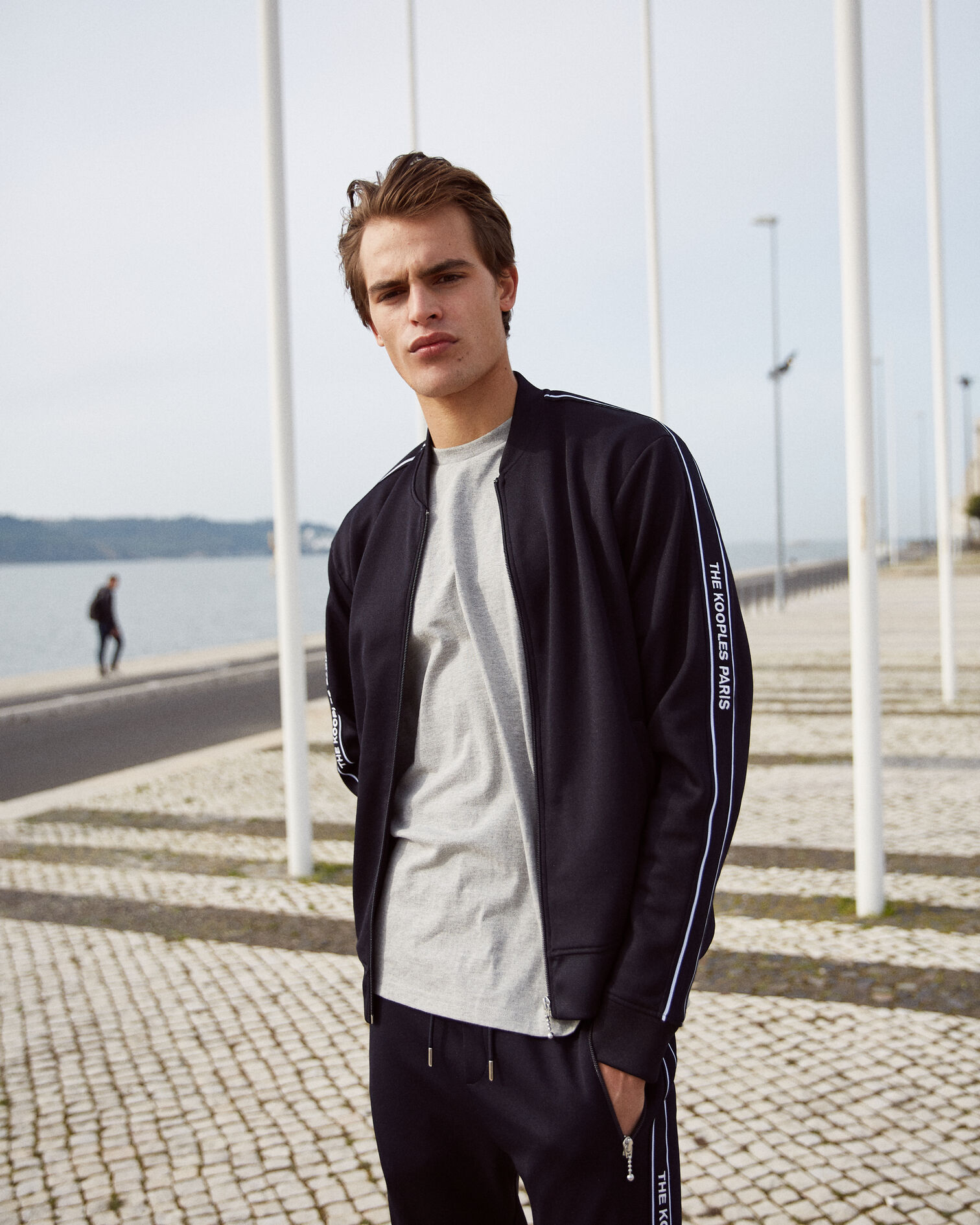 Sweat zippé bleu marine à col teddy et bande avec logo, NAVY, hi-res image number null