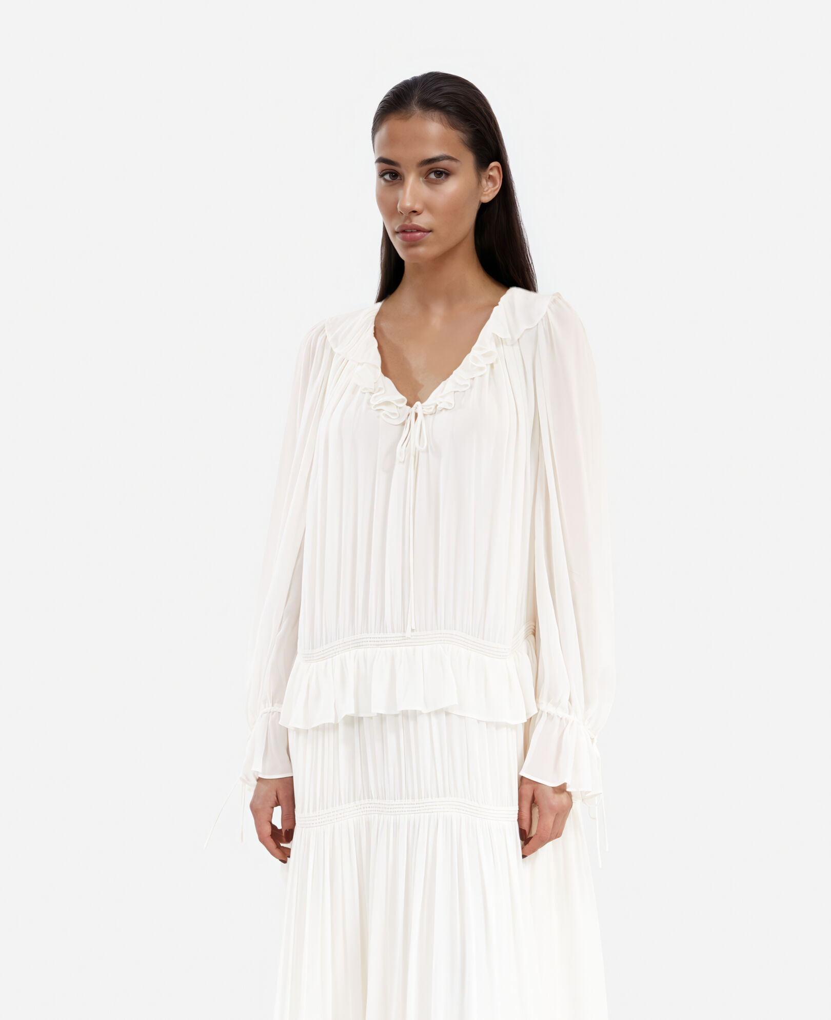 The Kooples WOMEN ECRU pussy bow collar ecru dress