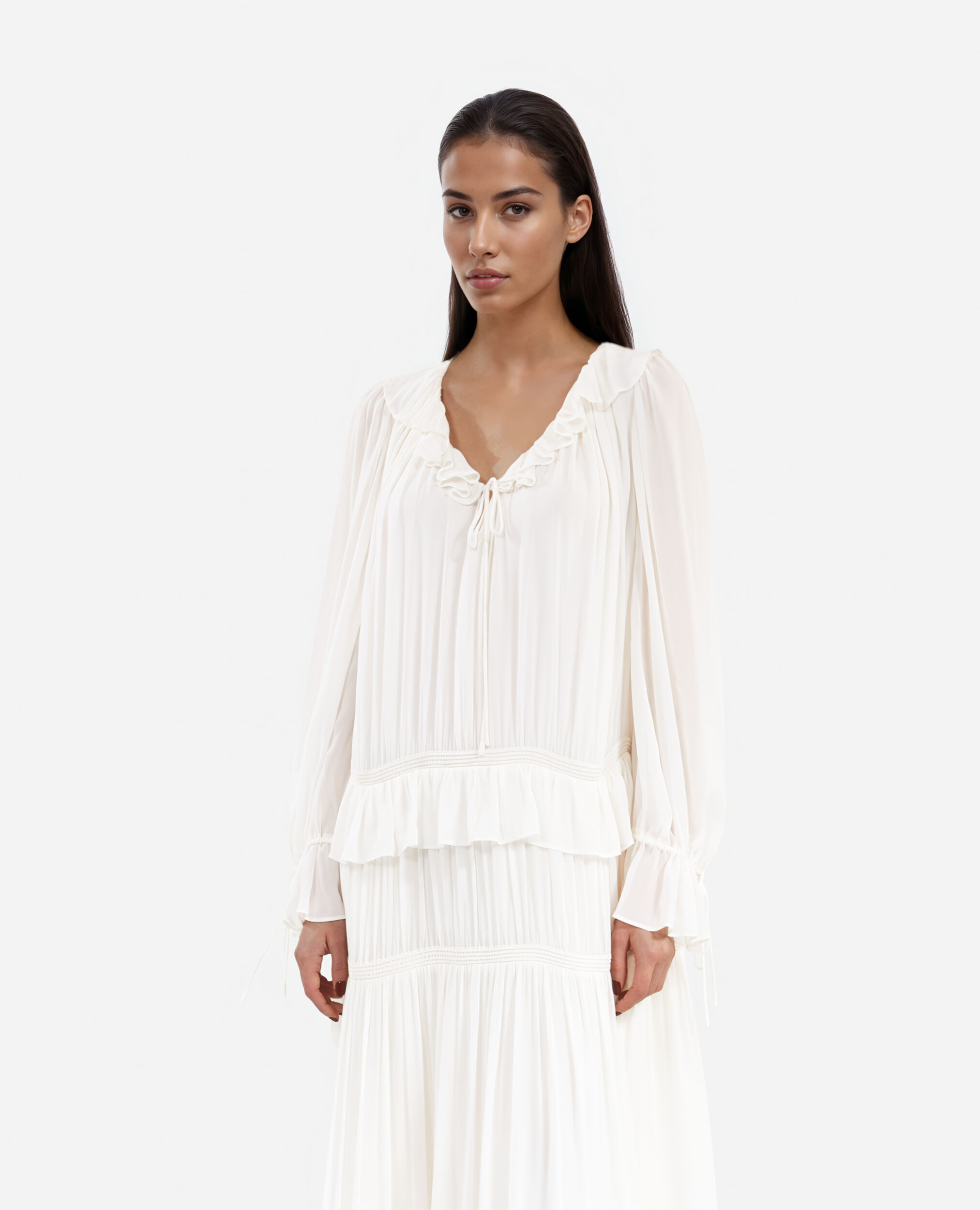 Pussy bow collar ecru dress, ECRU, hi-res image number null