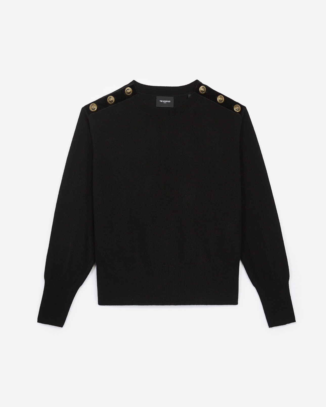 The Kooples WOMEN BLACK black wool crew-neck sweater w/buttons+chain