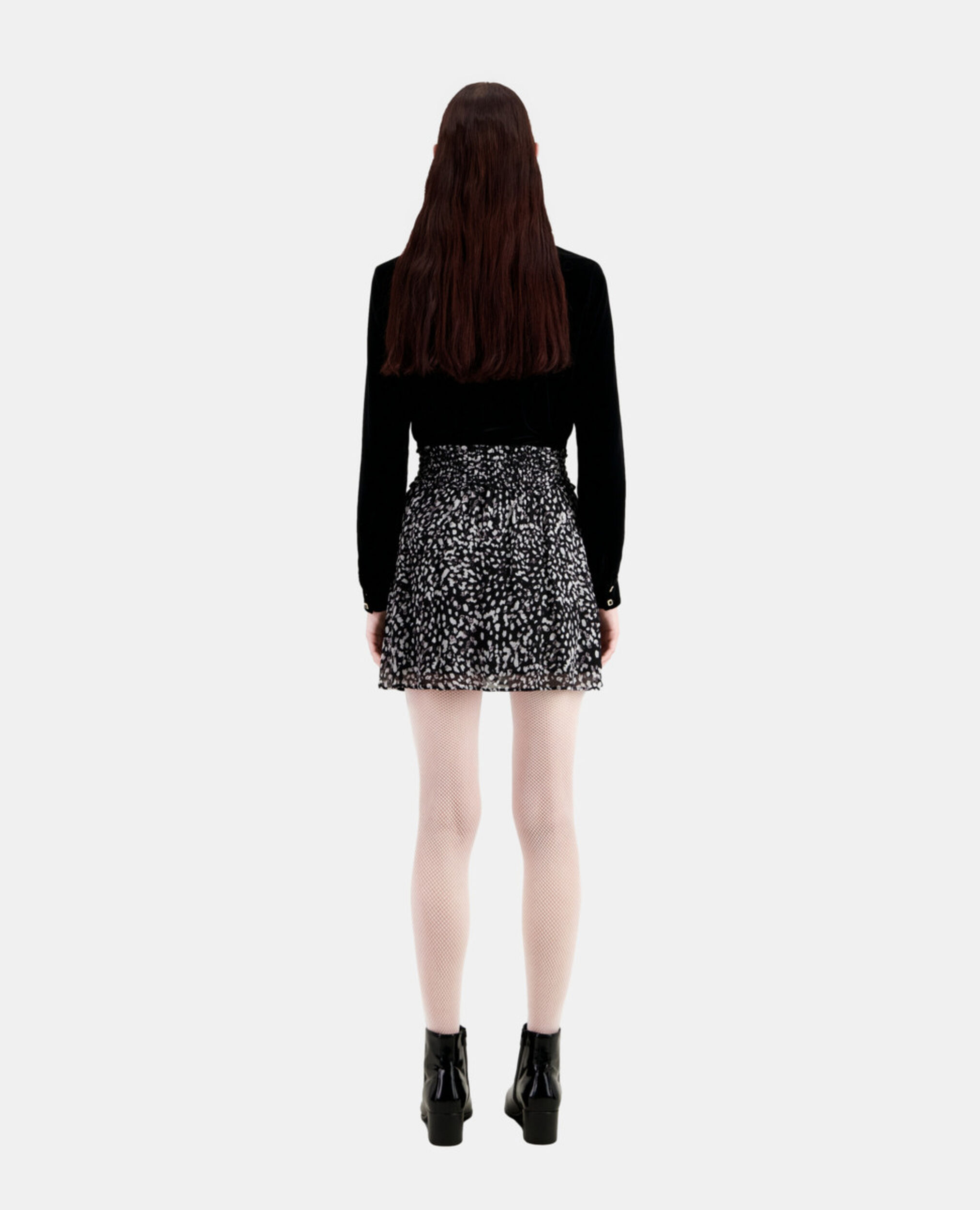 Short printed skirt with smocking, BLACK WHITE, hi-res image number null