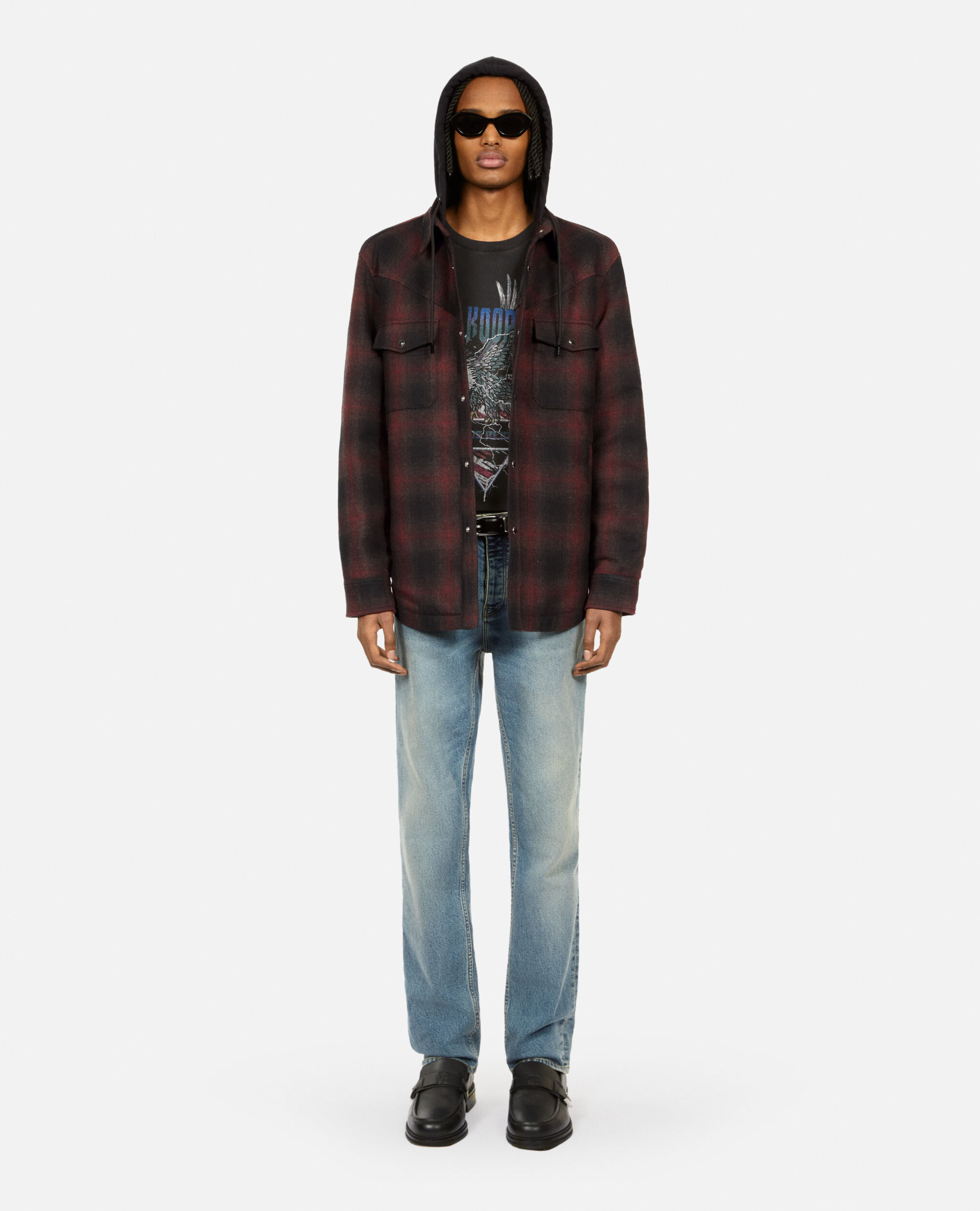Checked overshirt style jacket with hood, BLACK-BORDEAUX, hi-res image number null