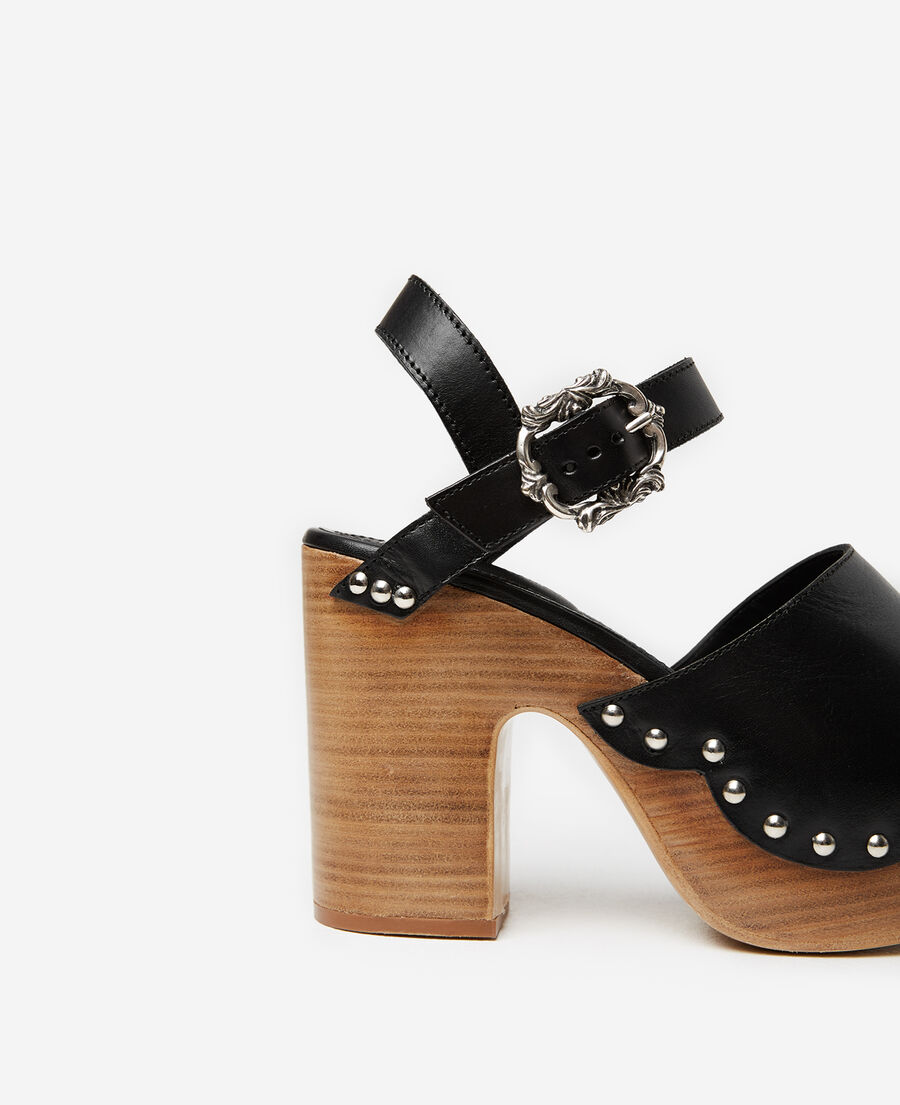 leather and wood sandals with heels