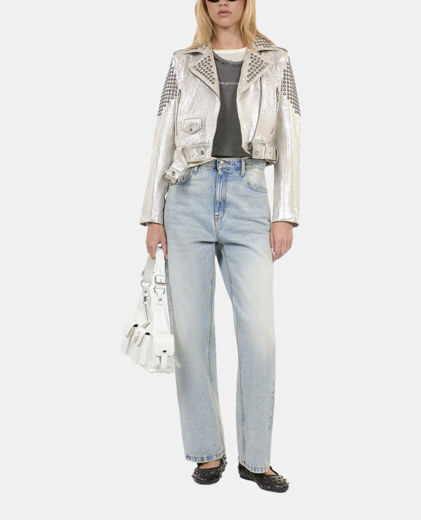 The Kooples FEMME 52 ARGENT VIEILLI CORNE blouson clouté en cuir argenté