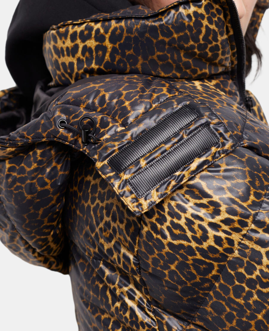 leopard print oversized down jacket with straps and logo