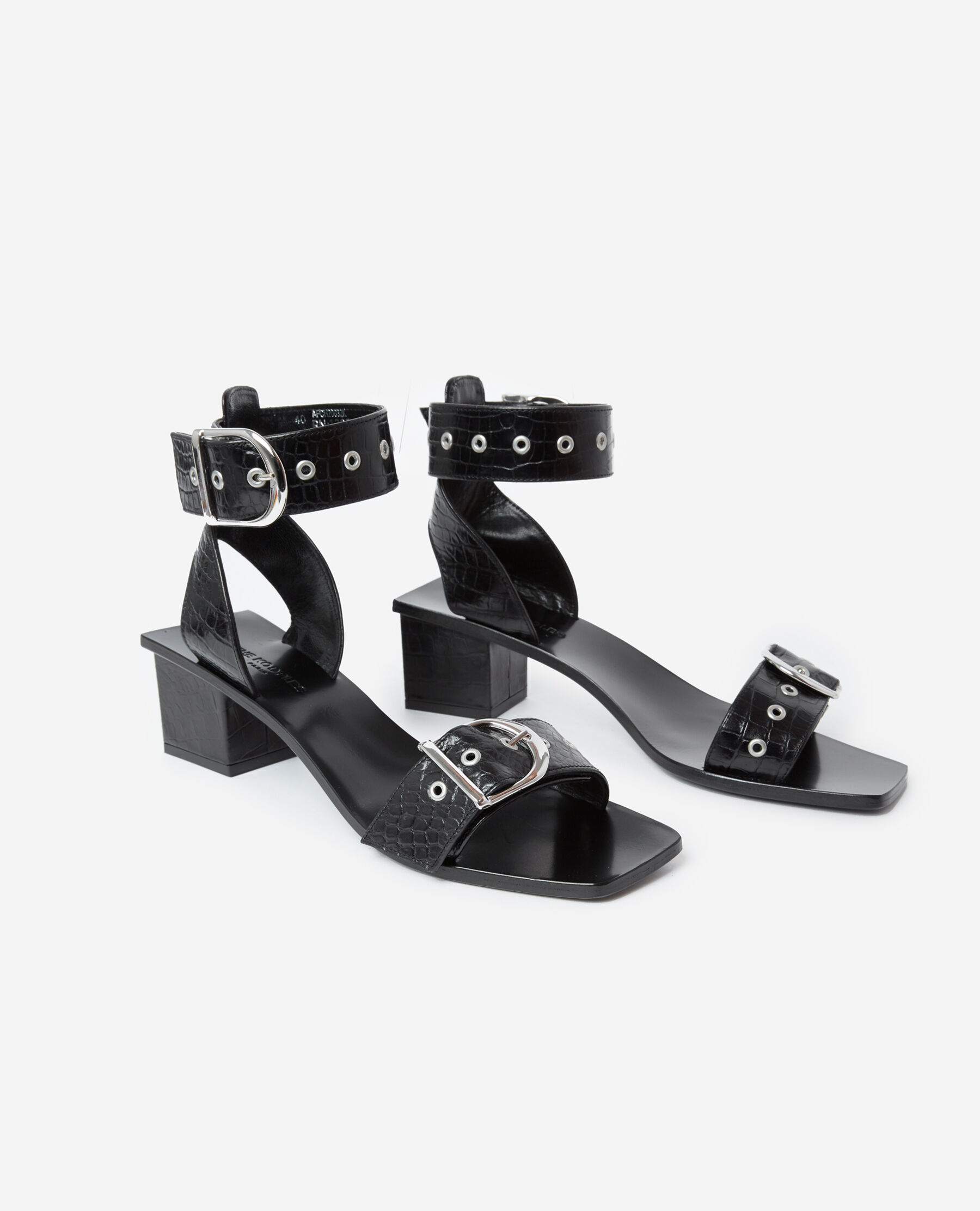Heeled black sandals in croc effect leather The Kooples