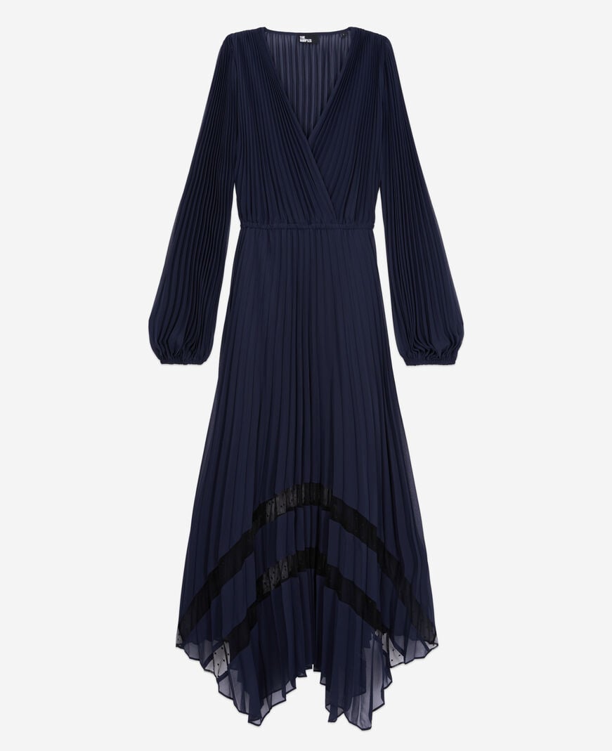 The Kooples FEMME NAVY robe longue plissée avec dentelle bleu marine