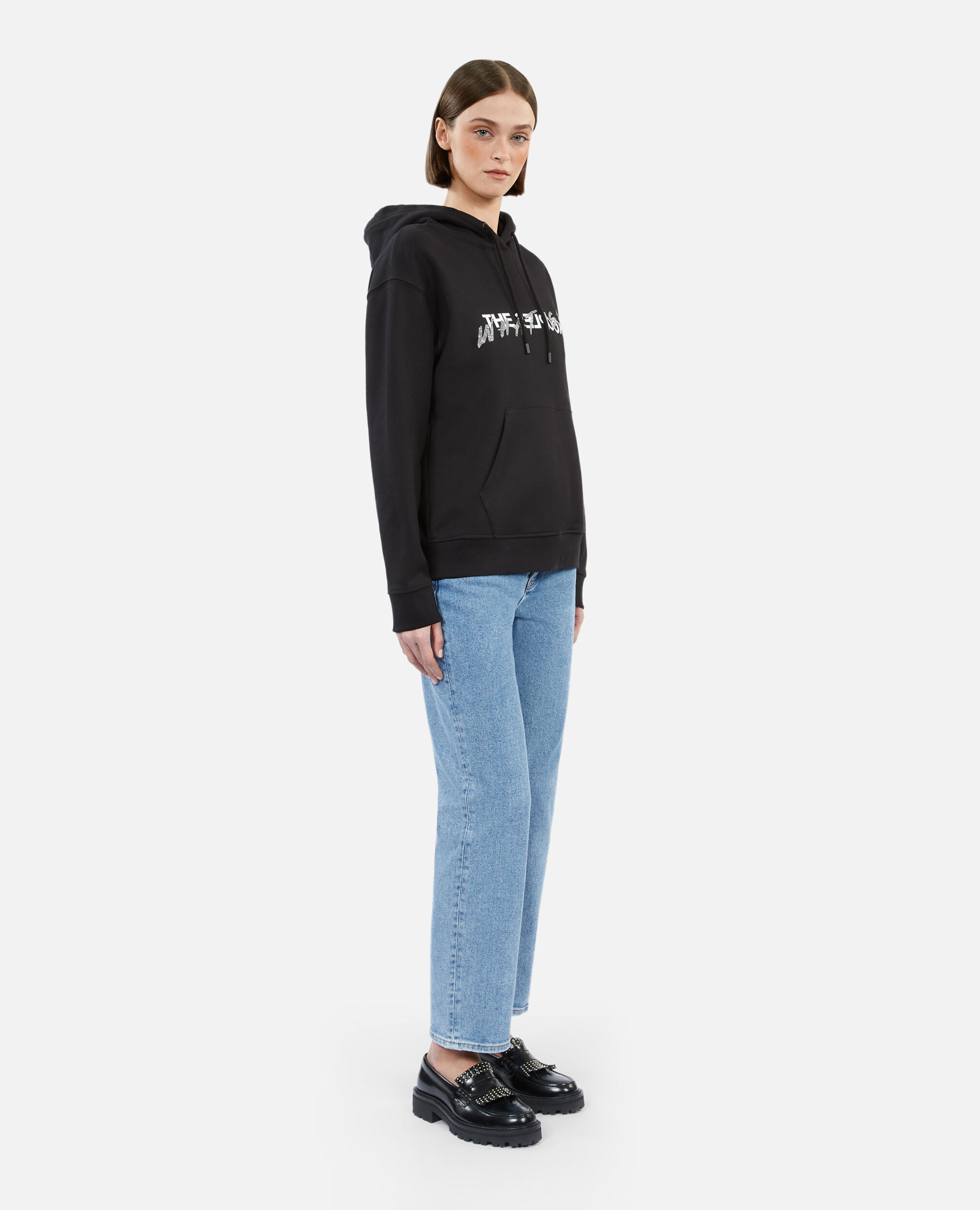 Damen Schwarzes Sweatshirt mit „What is“-Strassbesatz, BLACK, hi-res image number null