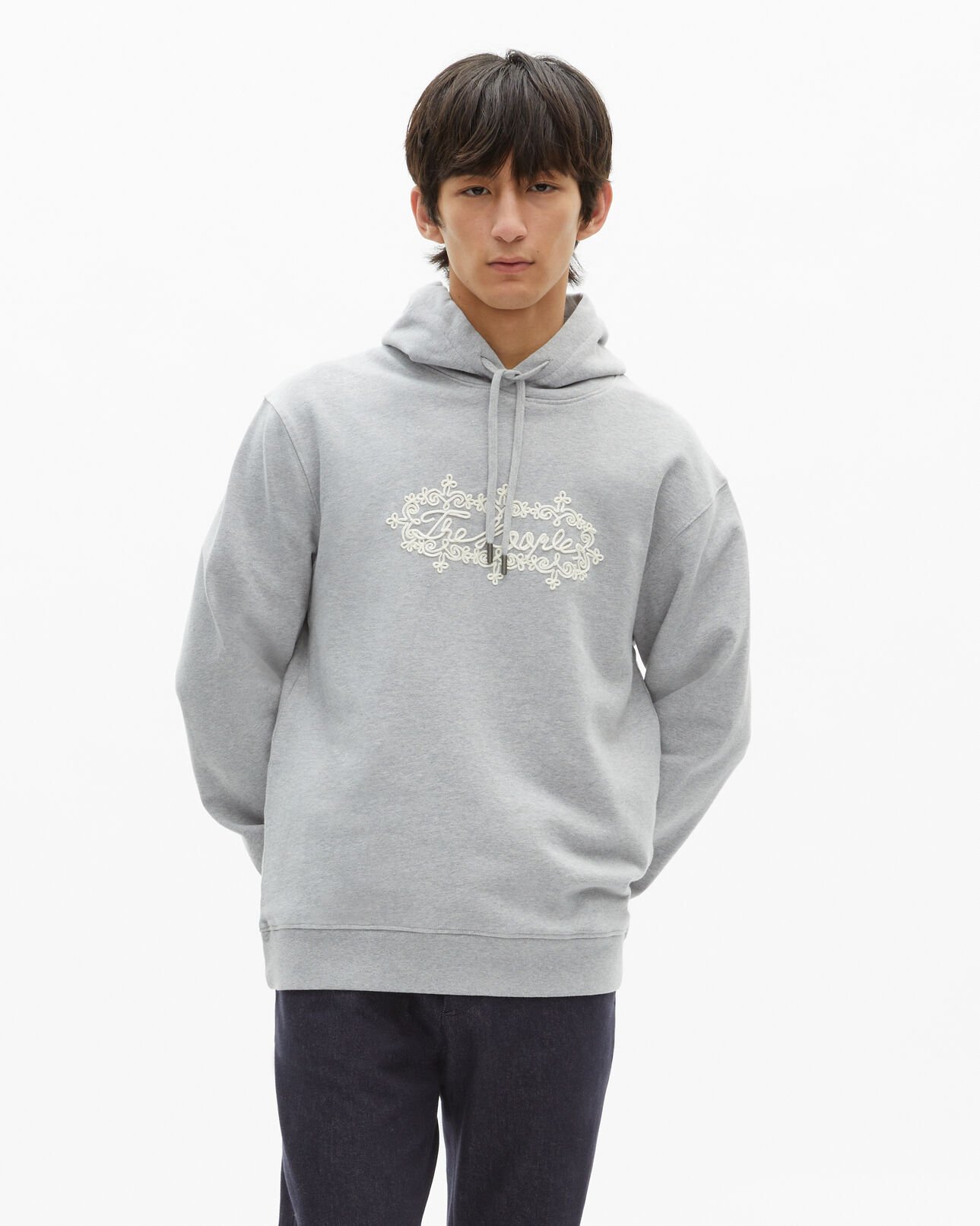 The Kooples MEN LIGHT GREY MELANGE grey embroidered logo hoodie