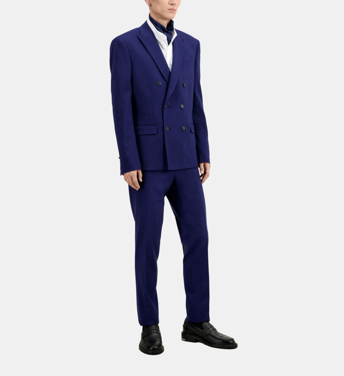 Bright blue wool double-breasted suit jacket