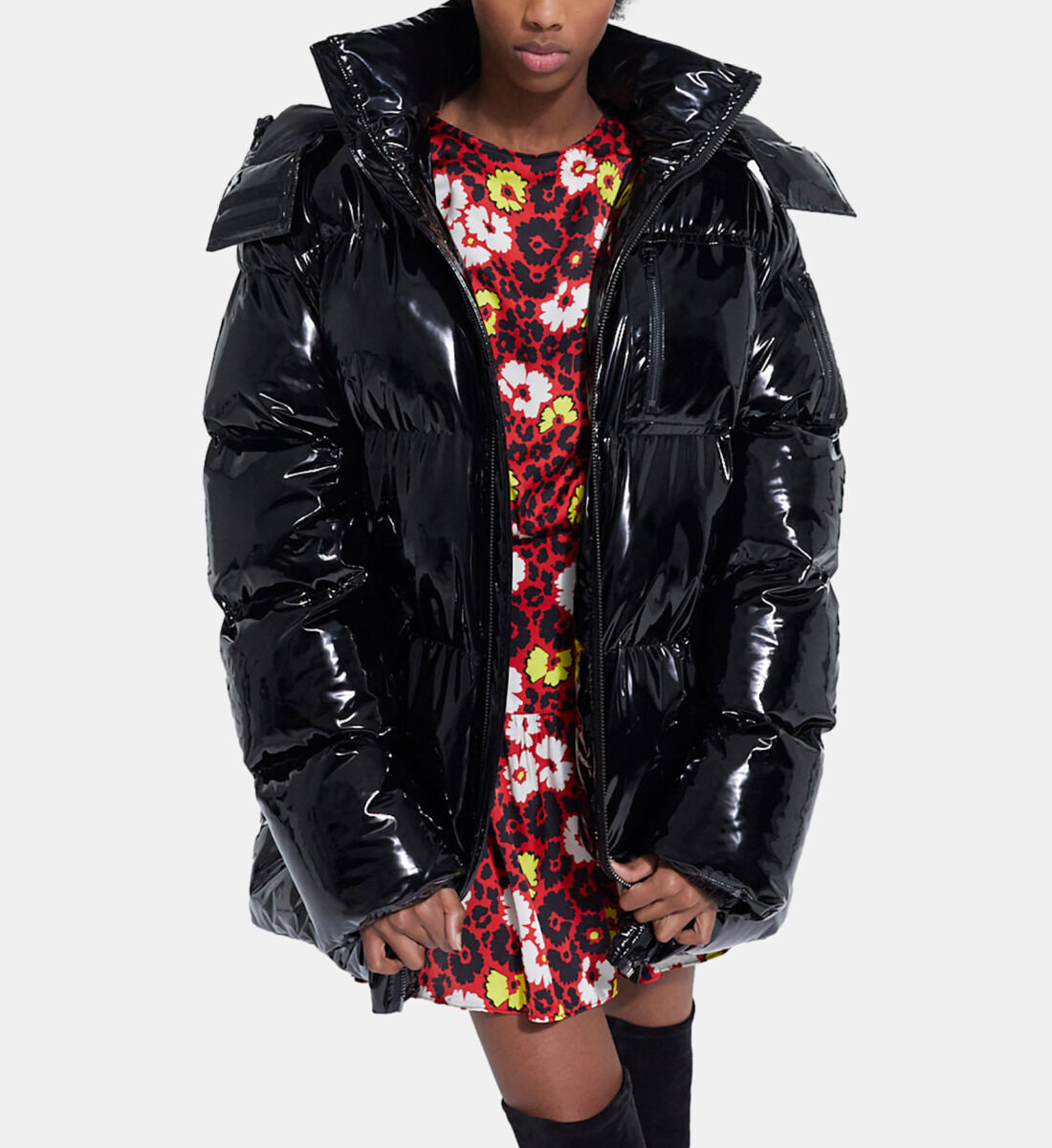 Black oversized vinyl down jacket with straps and logo