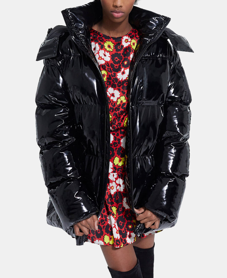 black oversized vinyl down jacket with straps and logo