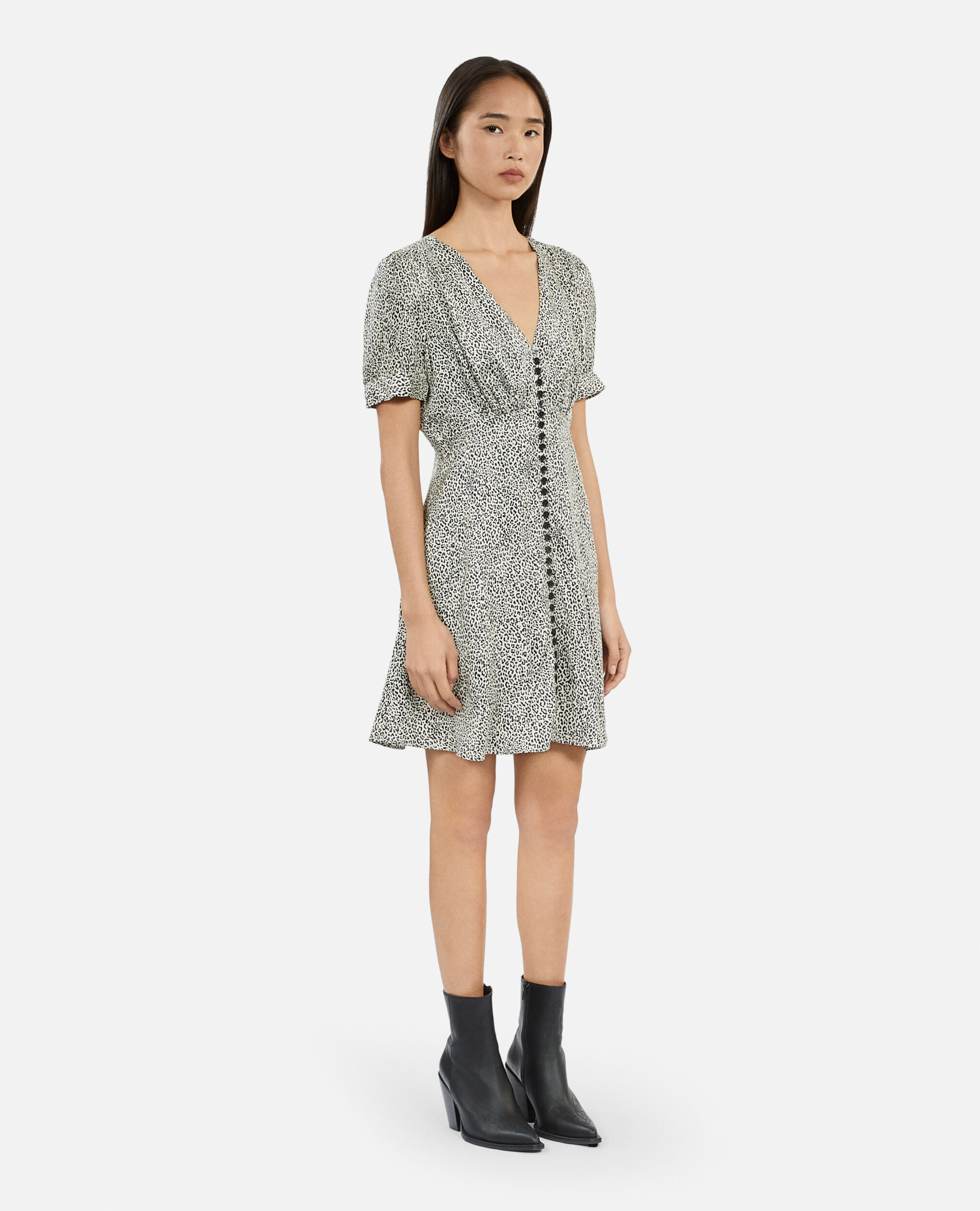 Kurzes Kleid mit Print und Knopfverschluss, BLACK WHITE, hi-res image number null