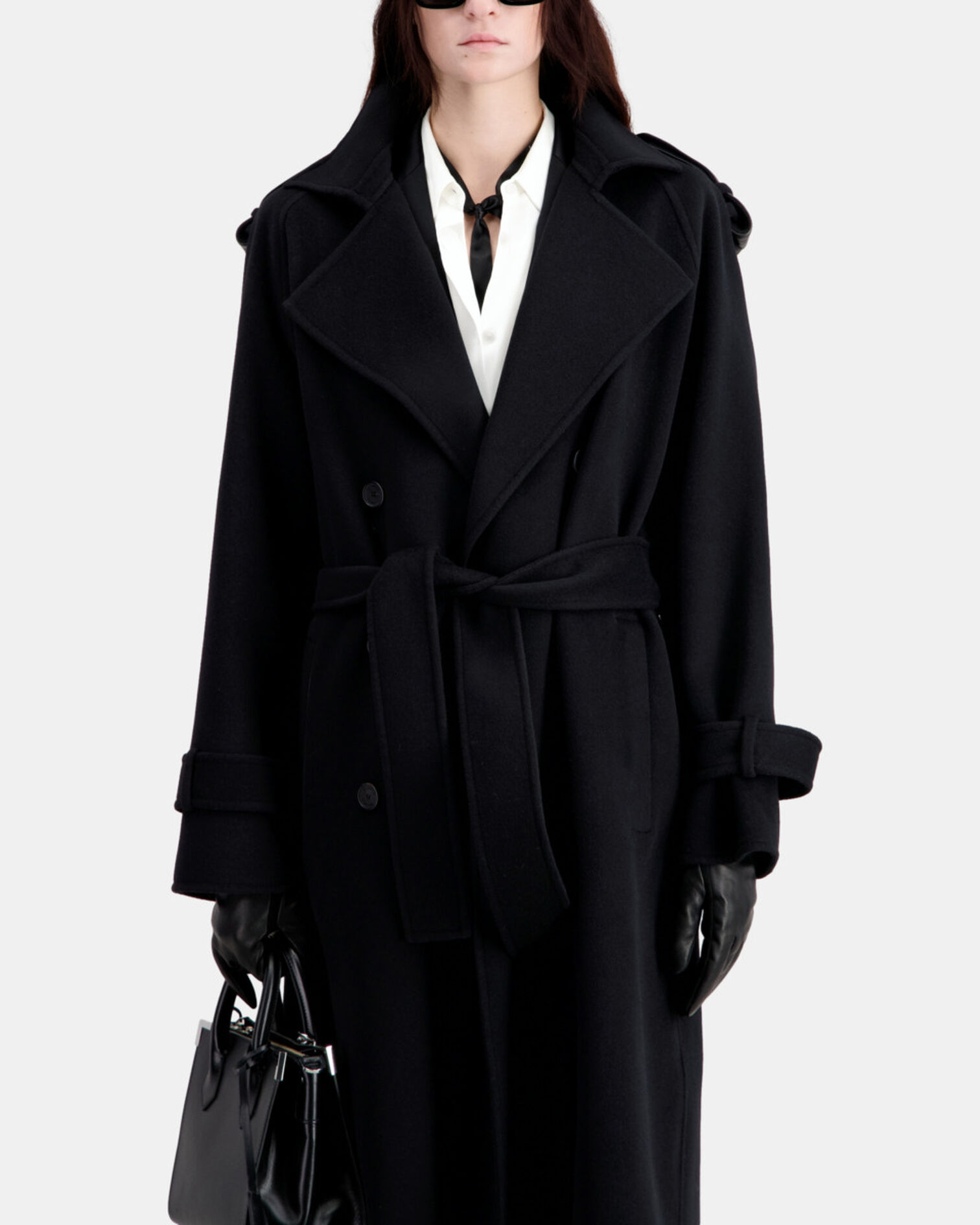 Manteau long noir en laine mélangée, BLACK, hi-res image number null
