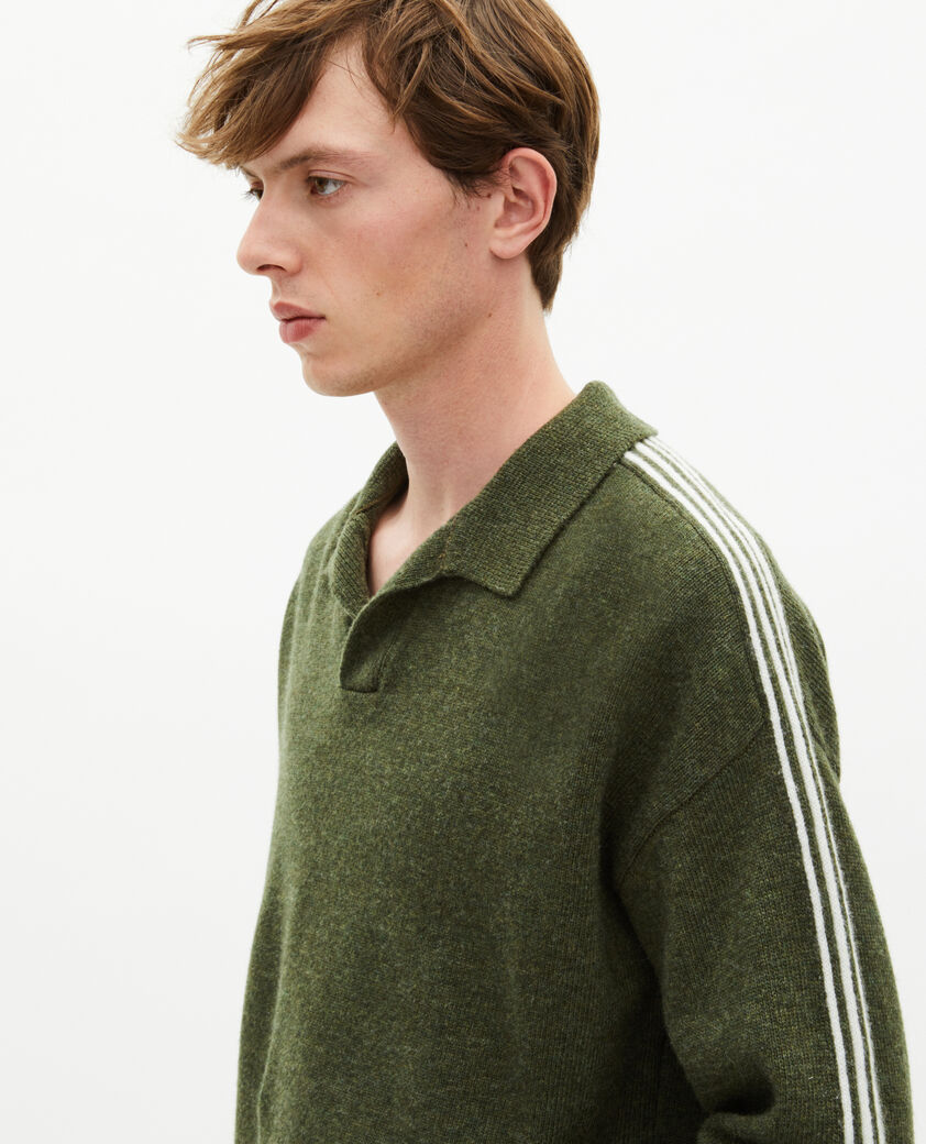 The Kooples HOMME GREEN pull col polo en laine avec rayures contrastées kaki