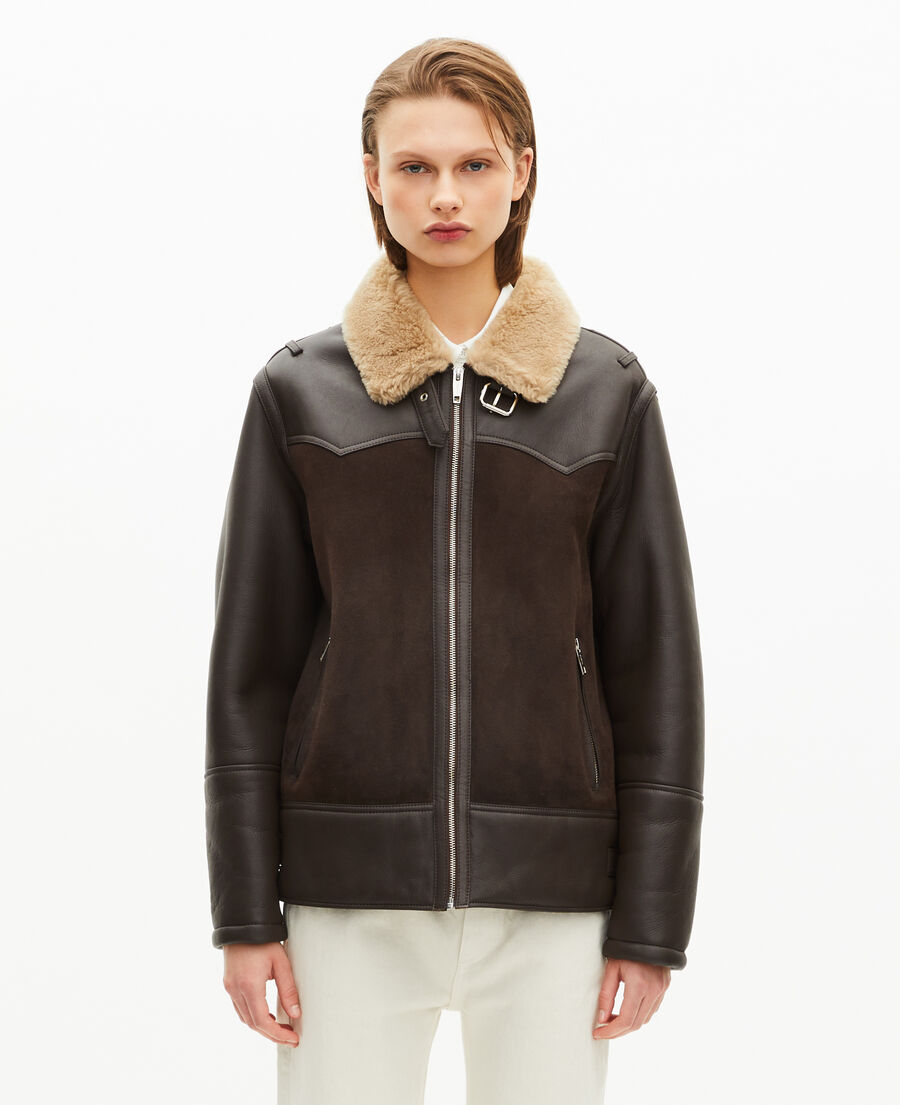 The Kooples DAMEN BROWN kurzes schaffell mit braunem sherpa-kragen