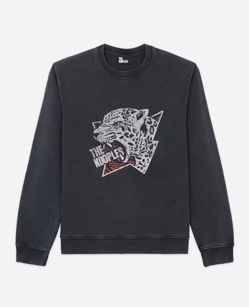 The Kooples HERREN BLACK WASHED schwarzes sweatshirt mit tiger-siebdruck