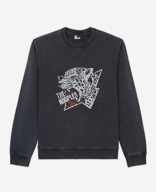 The Kooples HERREN BLACK WASHED schwarzes sweatshirt mit tiger-siebdruck