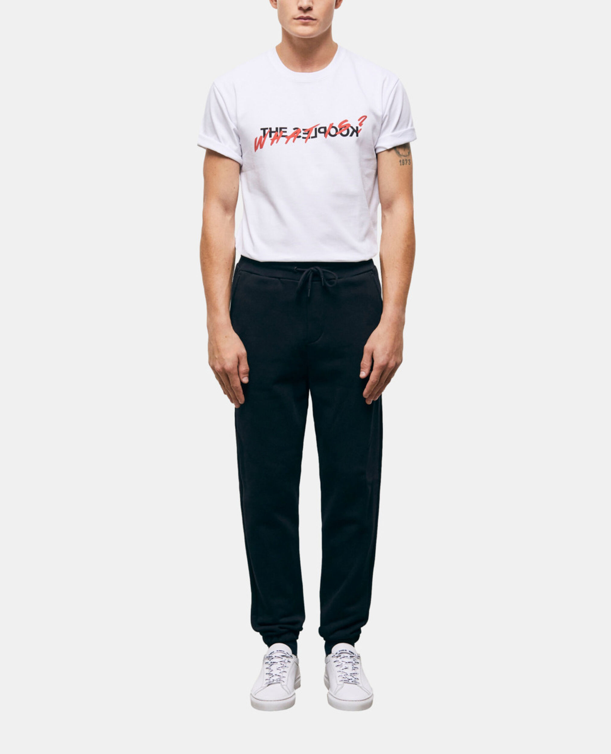 Black joggers with What is print, BLACK, hi-res image number null