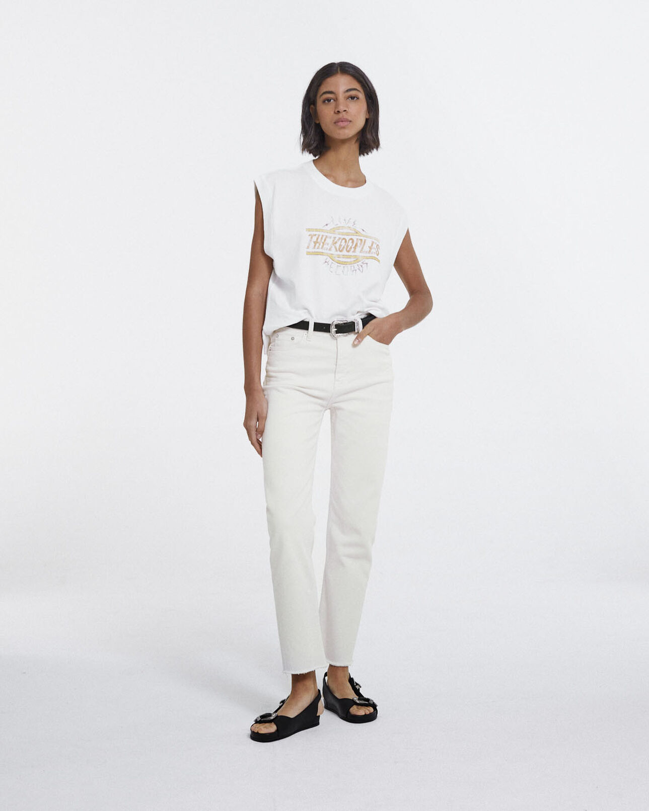 The Kooples WOMEN ECRU sleeveless printed ecru cotton t-shirt