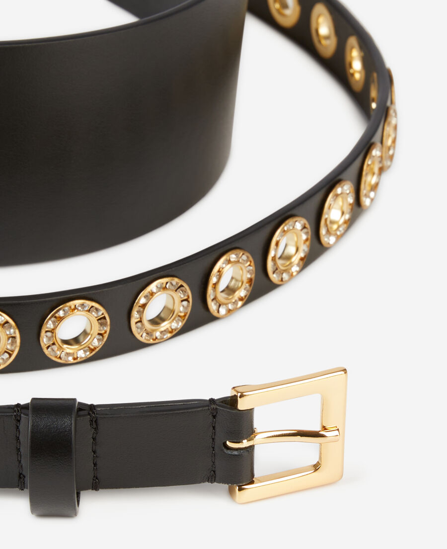 wide black leather belt with eyelets and rhinestones