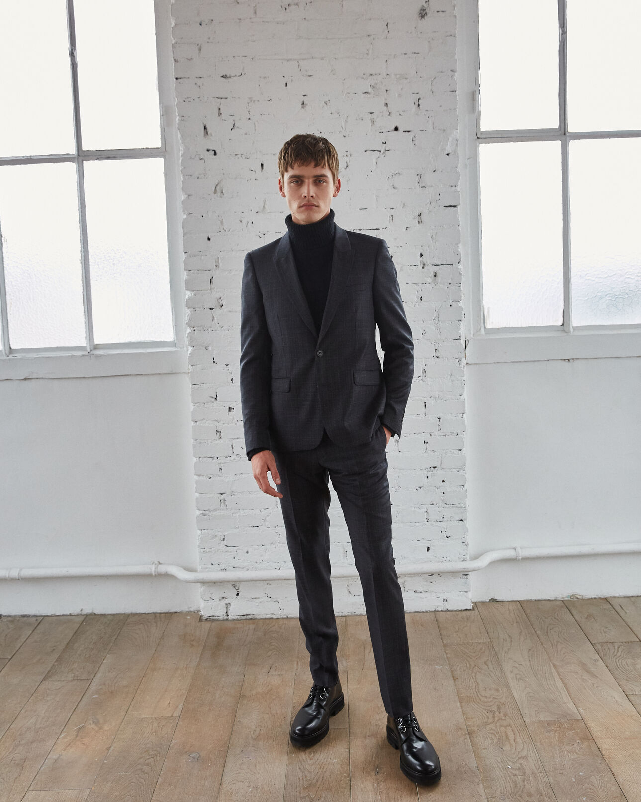 The Kooples MEN ANTHRACITE dark grey wool suit trousers with micro polka dots