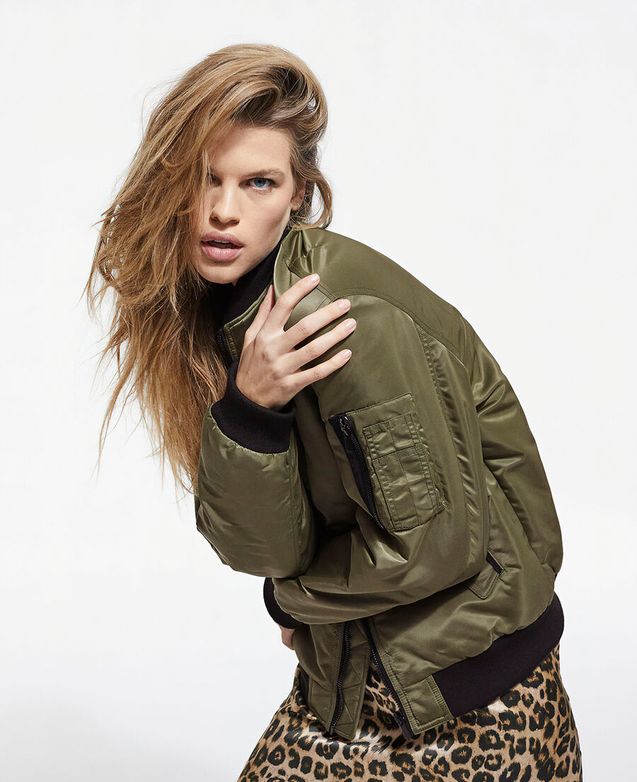 khaki bomber jacket with leopard lining