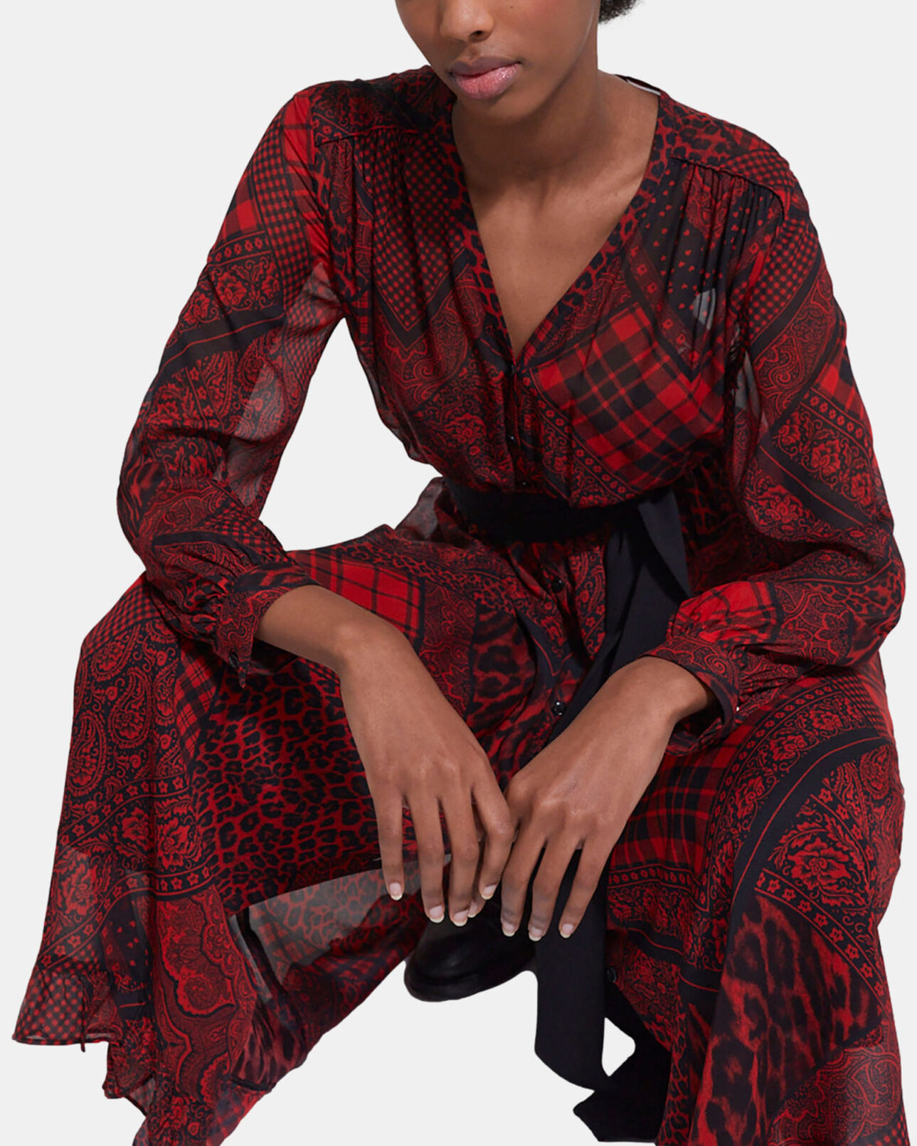 The Kooples FEMME RED / BLACK robe longue imprimée rouge