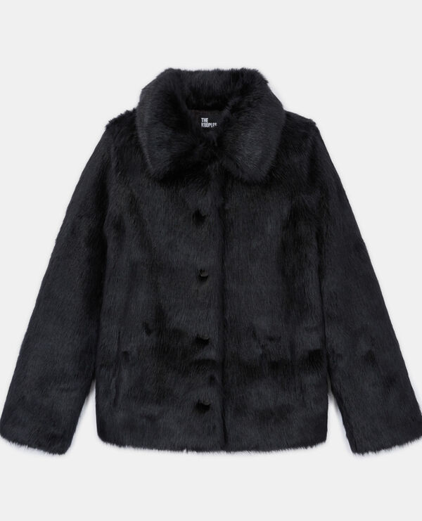 black faux fur coat