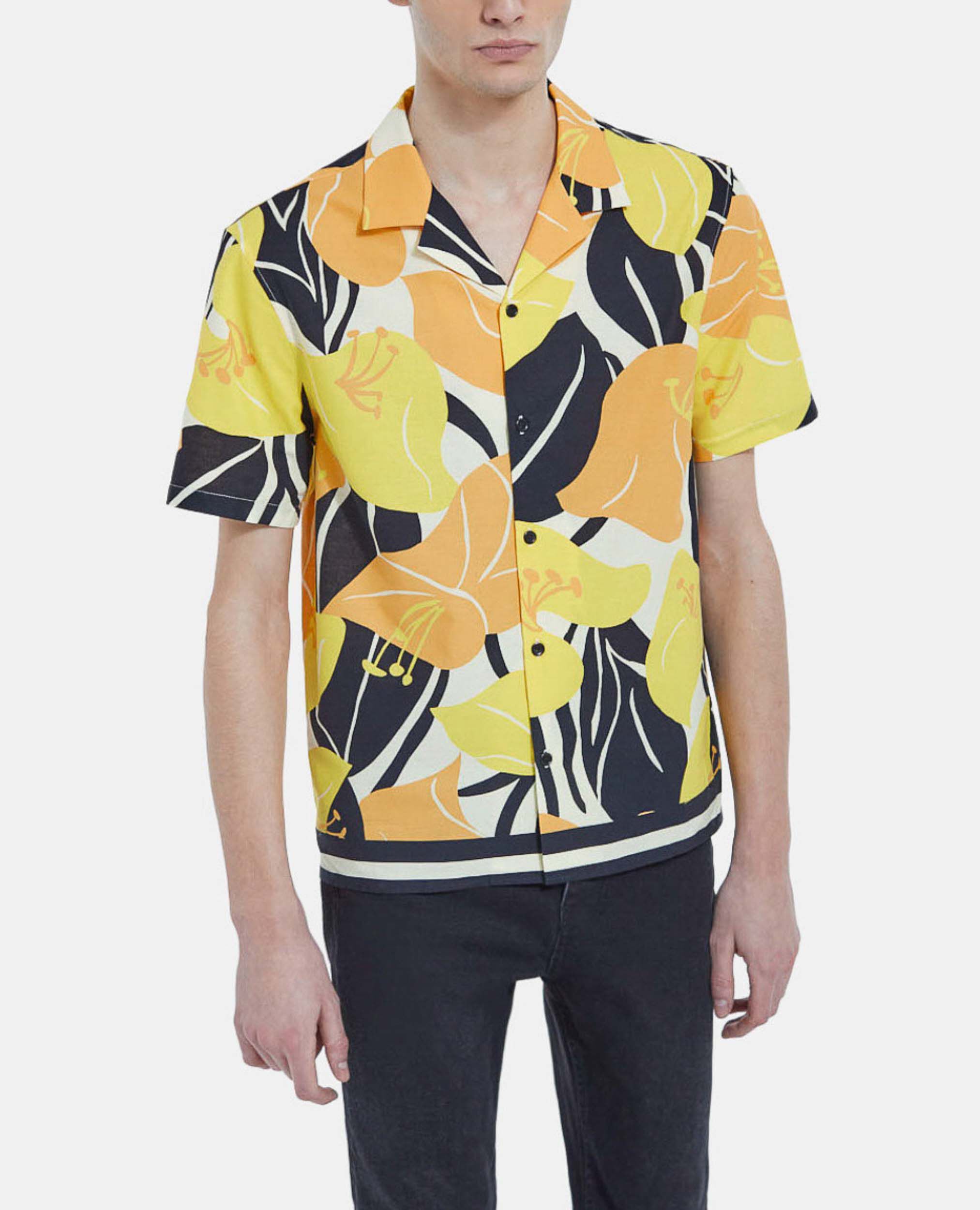Yellow cotton shirt with hibiscus print, YELLOW BLACK, hi-res image number null