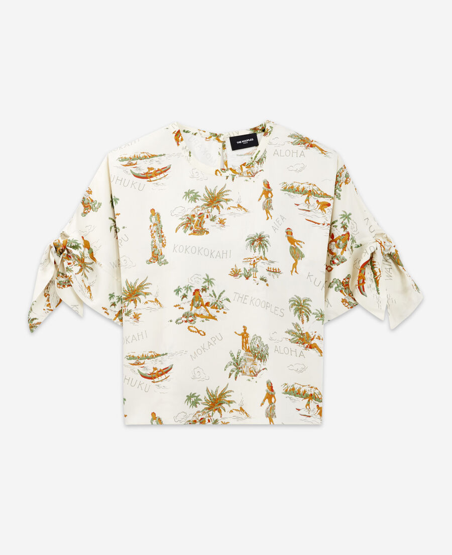 flowing printed white top with knotted details