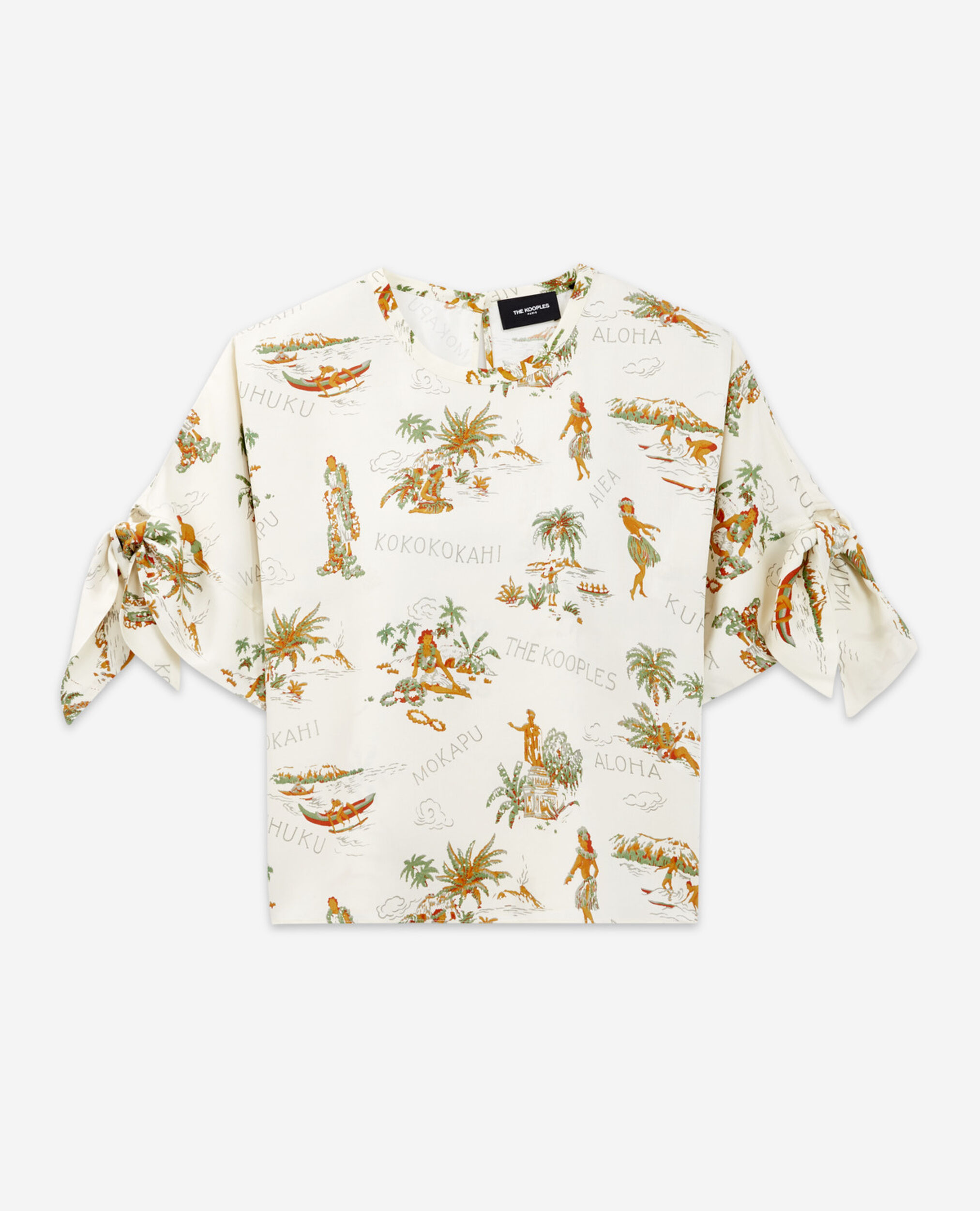 Flowing printed white top with knotted details, WHITE, hi-res image number null