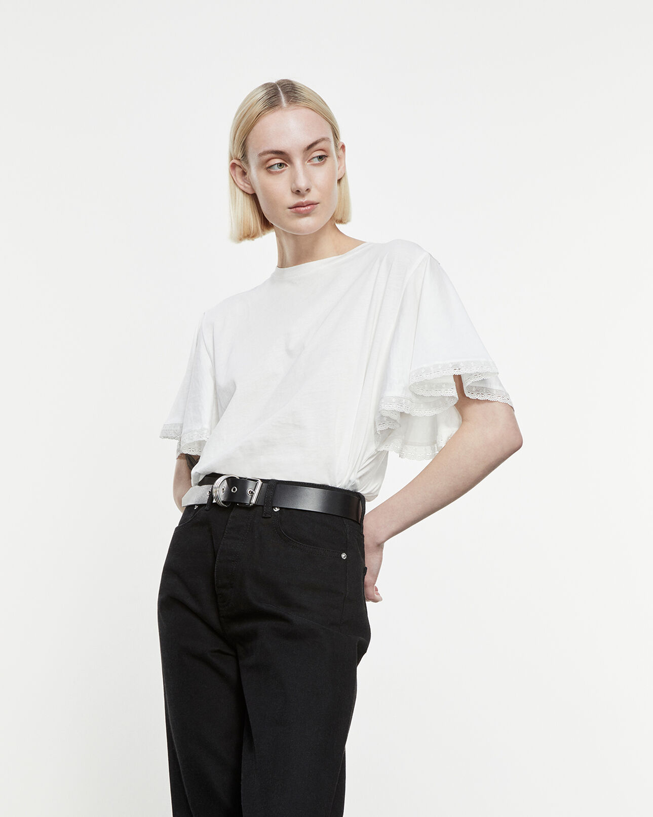 The Kooples FEMME ECRU t-shirt écru coton manches à volants