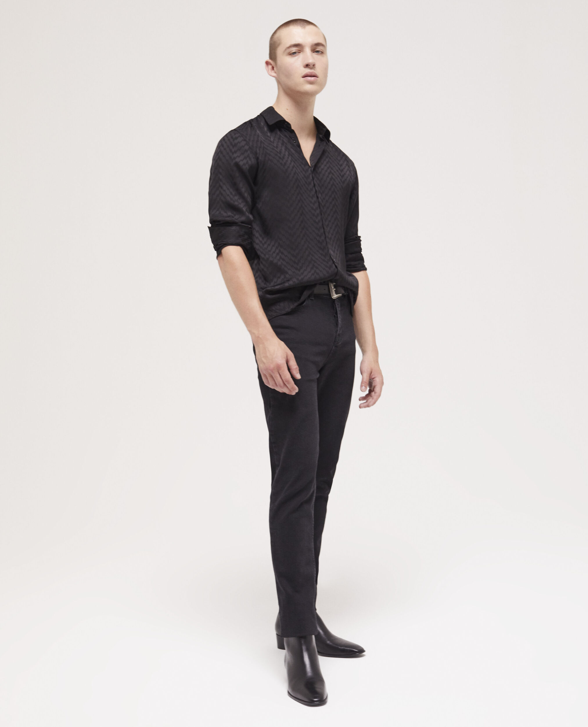 Camisa jacquard negra con cuello clásico, BLACK, hi-res image number null