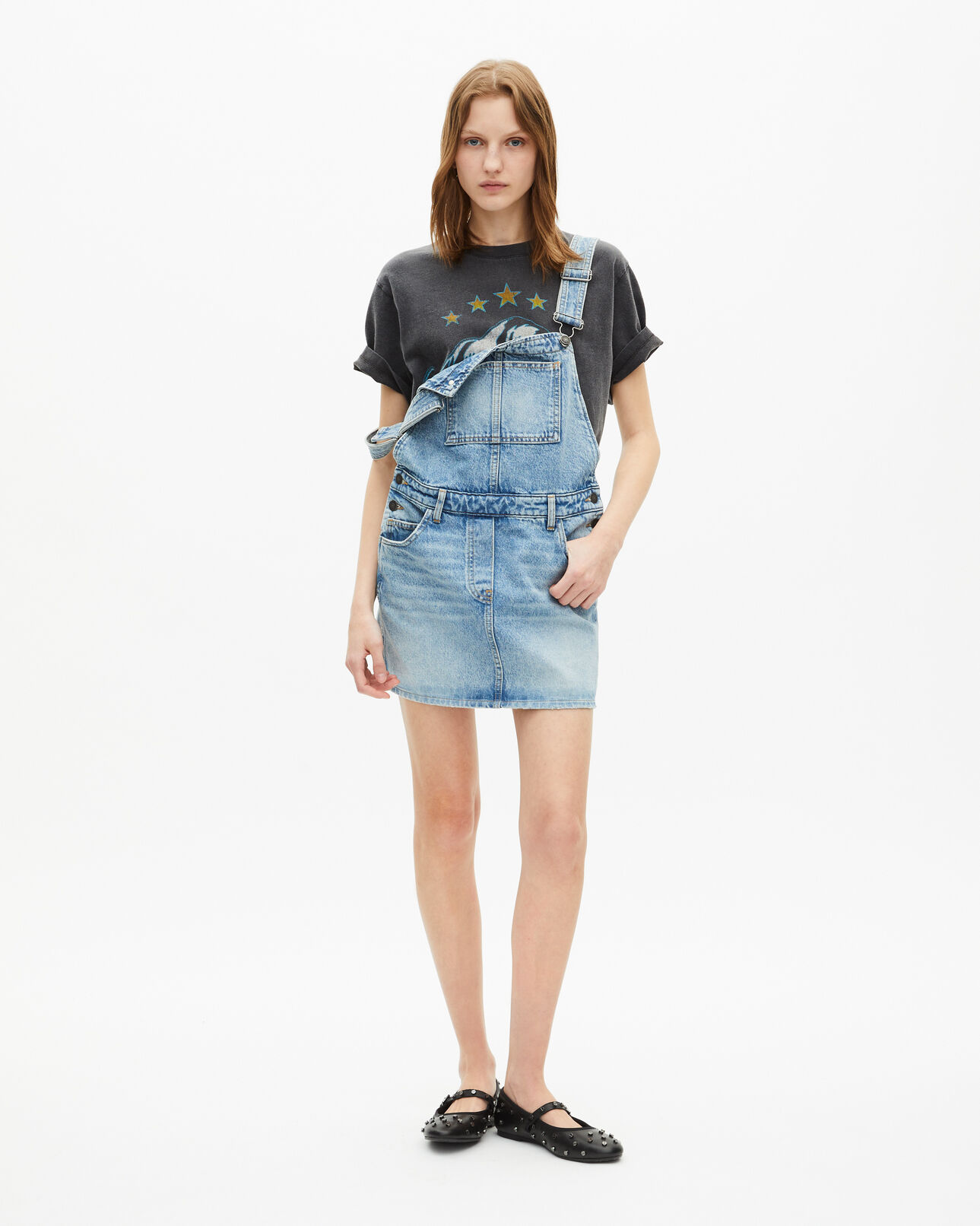The Kooples WOMEN BLUE BLEACHED / NAVY short denim dungaree dress