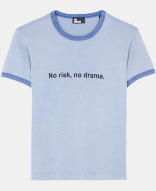 The Kooples DAMEN STONE BLUE blaues t-shirt mit &bdquo;no risk&ldquo;-siebdruck